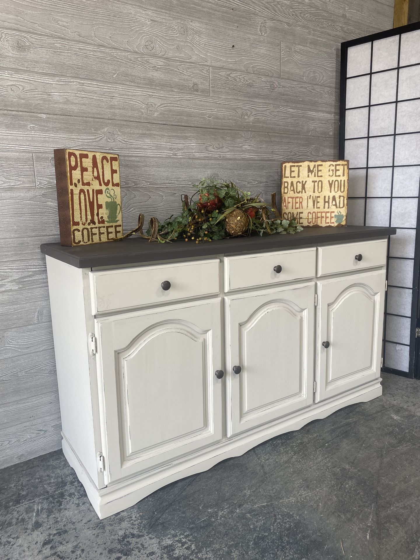 Newly painted farmhouse style dresser/ buffet—cream : brown distressed