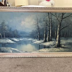 Large Oil on Canvas Birch by River Winter Landscape 