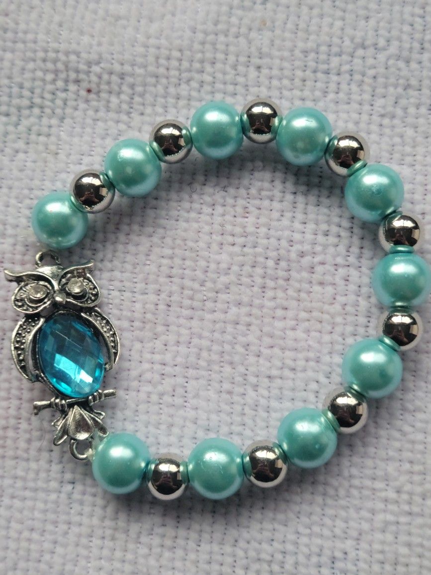 Blue And Silver Bead Stretch Bracelet With Owl