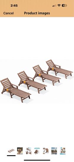 New in box SERWALL HDPE Outdoor Lounge Chair Set of 4 with Cup Holder, Brown with 5 Position Adjustable Backrest & Rolling Wheels( a041-086)