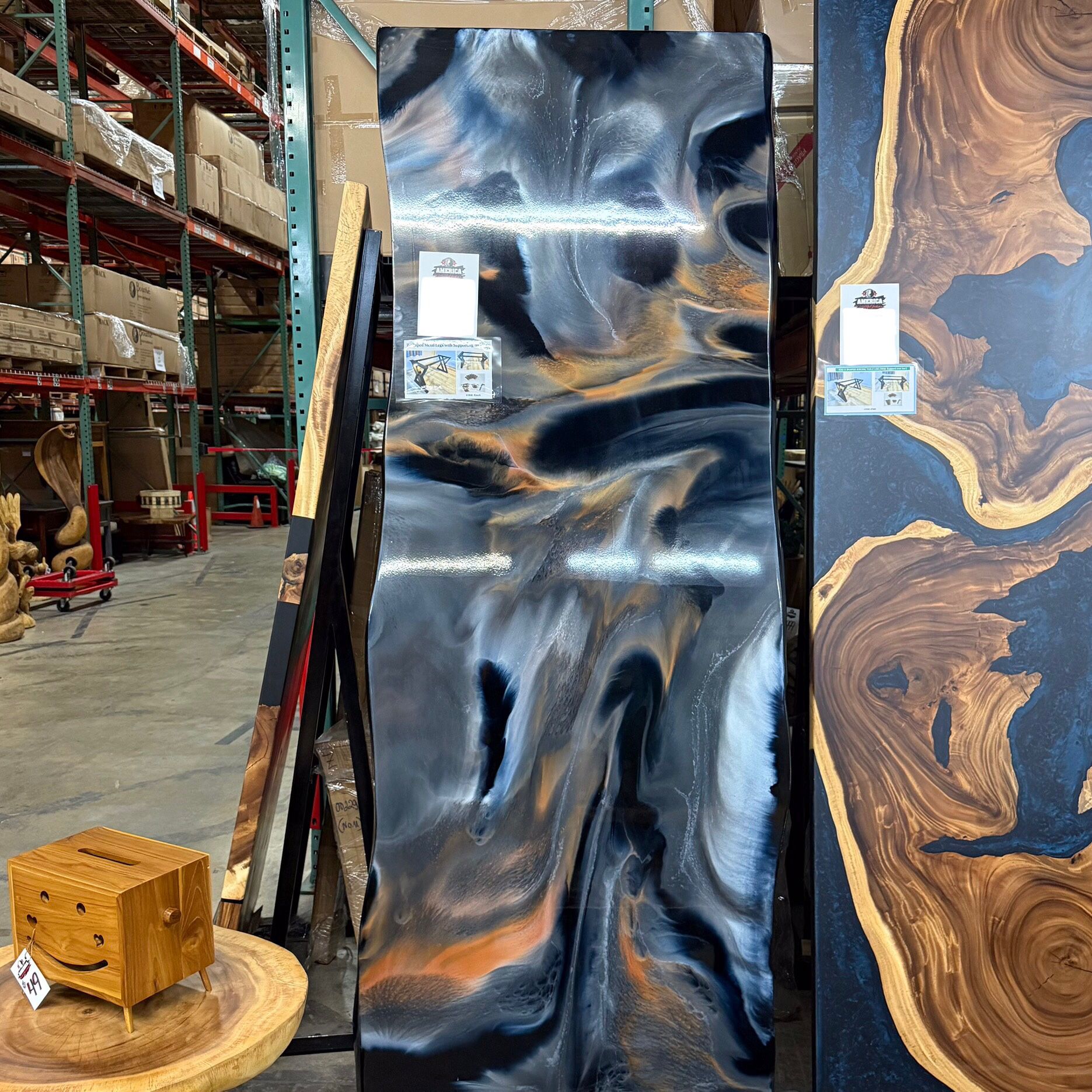 Orange Accent Epoxy Live Edge Dining Table w/ Z Shaped Legs 