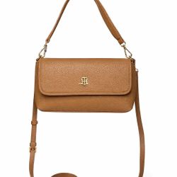 Tommy Hilfiger Brown Crossbody Shoulder Bag Flap Gold Logo Women’s Handbag