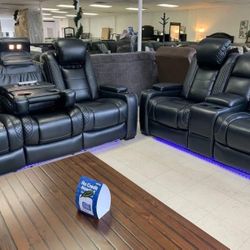 Party Time Midnight LED Power Reclining Living Room Set with Adjustable Headrest / Couch /Sofa and Loveseat 