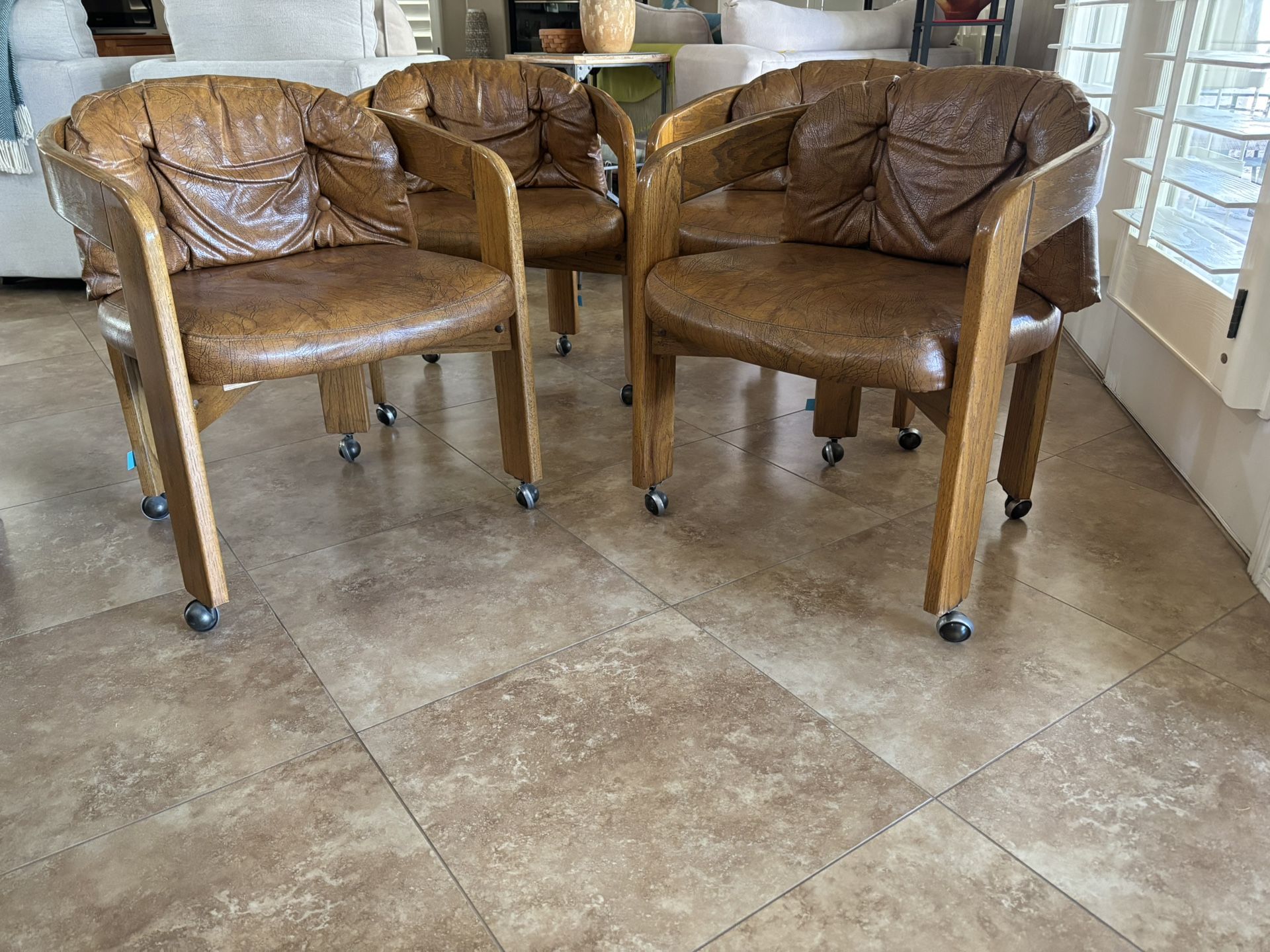 Rolling Oak & Leather Chairs - Set Of Four