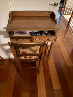 Vintage Wood Writing Desk with Cane Chair