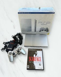 Sony PS2 PlayStation 2 Slim Console Silver w/ Silver Controller & Scarface: The World is Yours