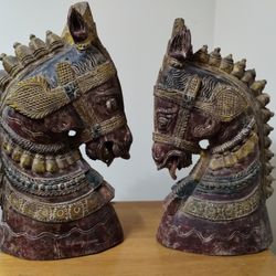 Pair of Hand Carved Tibetan Folk Art Wood Horse Head Sculptures