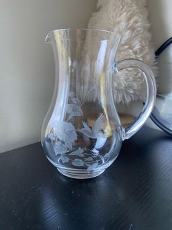 Vintage Avon Hummingbird Collection Crystal Glass Pitcher Etched Morning Glories
