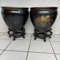 Black Ceramic Planters—Asian Vases—Oriental Furniture Vase—Large Black Pots($125 Each)