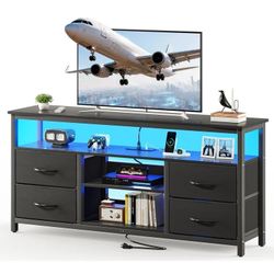 Furologee 55" LED TV Stand for Bedroom with Power Outlets, Entertainment Center with 6 Fabric Drawers for 50/55/60 inch TVs, Dresser TV Stand Long Con