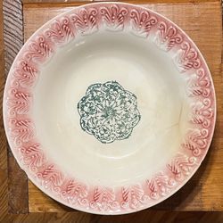 Vintage Ceramic Christmas Serving Bowl White Green  Red  9.5" Dia. 2 1/4" Depth