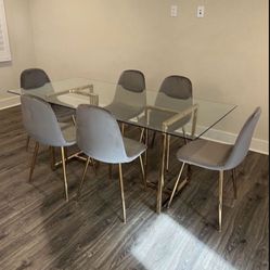 Big Glass Dining Table And Six Velvet Chairs