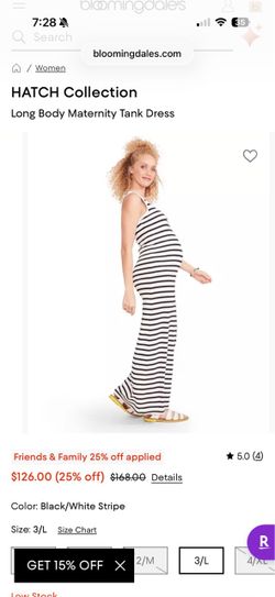 HATCH Long Body Maternity Tank Dress - Black White Stripe, Size S