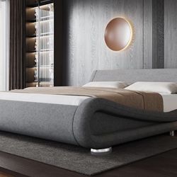  King Size Upholstered Platform Bed Frame, Ergonomic & Adjustable Headboard, Low Profile Modern Sleigh Design, No Box Spring Required, Easy Assembly, 