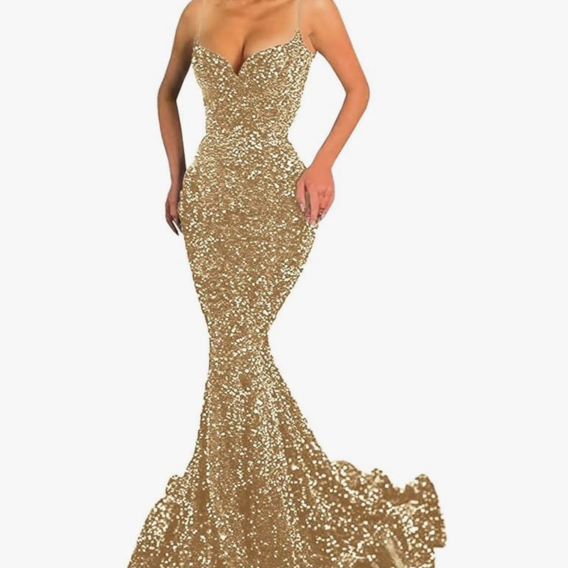 Women's Sparkly Sequin Prom Dresses Long Mermaid V Neck Backless Formal Evening Gowns with Train.  Size 10