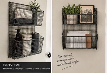 Black Metal Wire Wall Organizer with Two Baskets