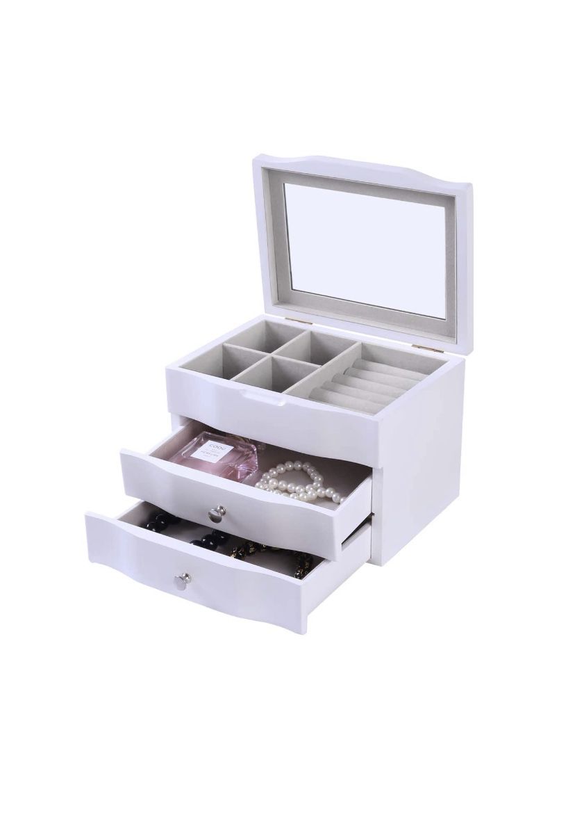 Jewelry Box Earrings Organizer with 2 Drawer, Large Mirror Jewelry Storage Case (White)