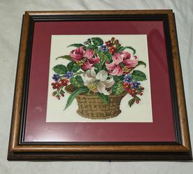 CUSTOM FRAMED - MATTED NEDDLEPOINT CROSS STITCH ARTWORK - BASKET 15"×15"