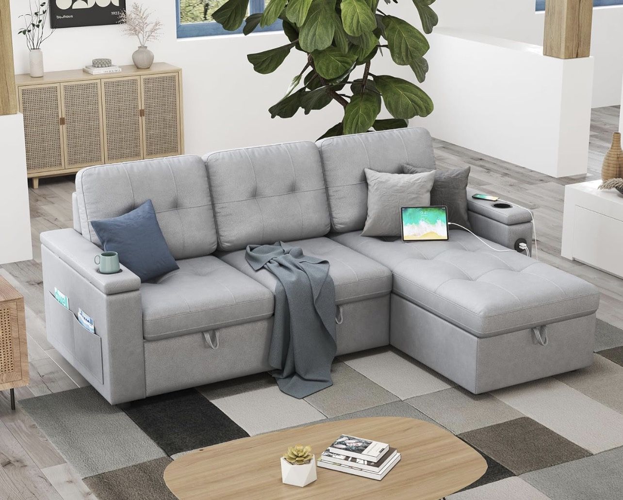 AMERLIFE 84 Inch Pull Out Couch, Tufted Sofa Bed with 2 USB Sockets & Cup Holders, L Shape Sectional Sleeper Sofa Bed with Storage Chaise- Light Grey 