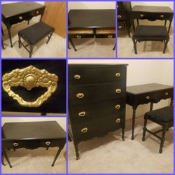 Antique Tall 4 Drawer Dresser And Dressing Table/Desk with Matching Bench