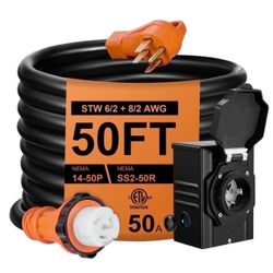 NEW 50FT 50A 125V/250V AC Heavy Duty Generator Cord w/ Power Inlet Box