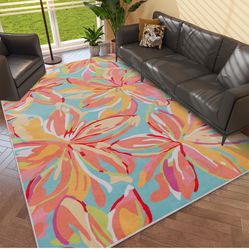 chakme Machine Washable Floral Area Rugs for Living Room, 5x7 Large Colorful Bedroom Kitchen Thin Rug, Non-Shedding Low Pile Botanical Print Capet Ind