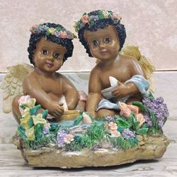 Cherub Twins Music Box African American Play Fish Sailboats Pond VTG