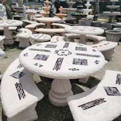 Concrete Mosaic Picnic Table with 3 Benches/ Outdoor Patio Furniture