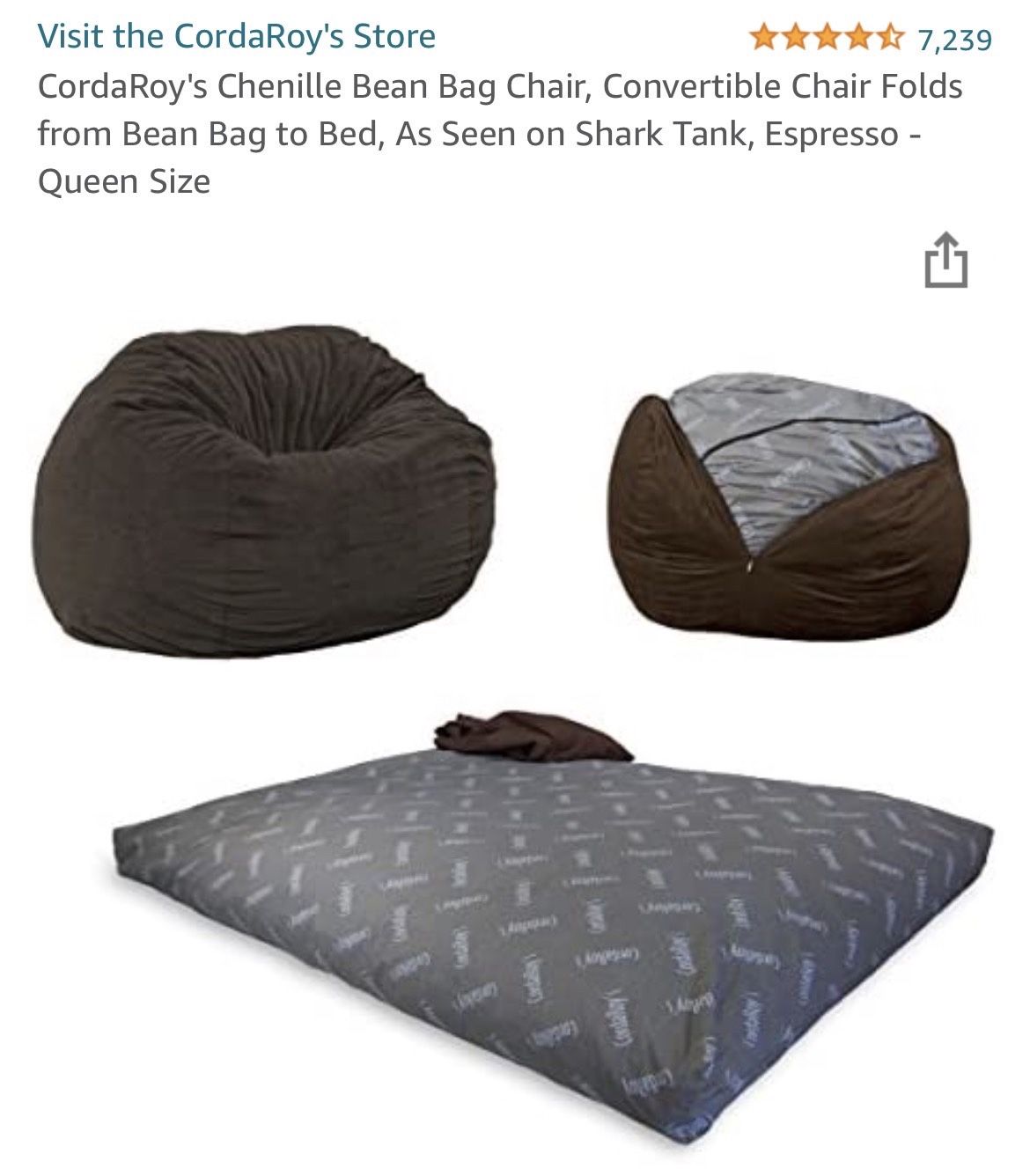 CordaRoy's Chenille Bean Bag Chair and Bed