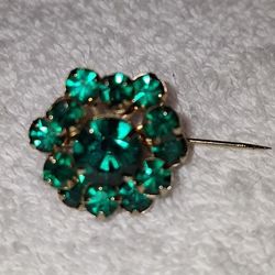 Vintage Brass Green Stone Brooch 