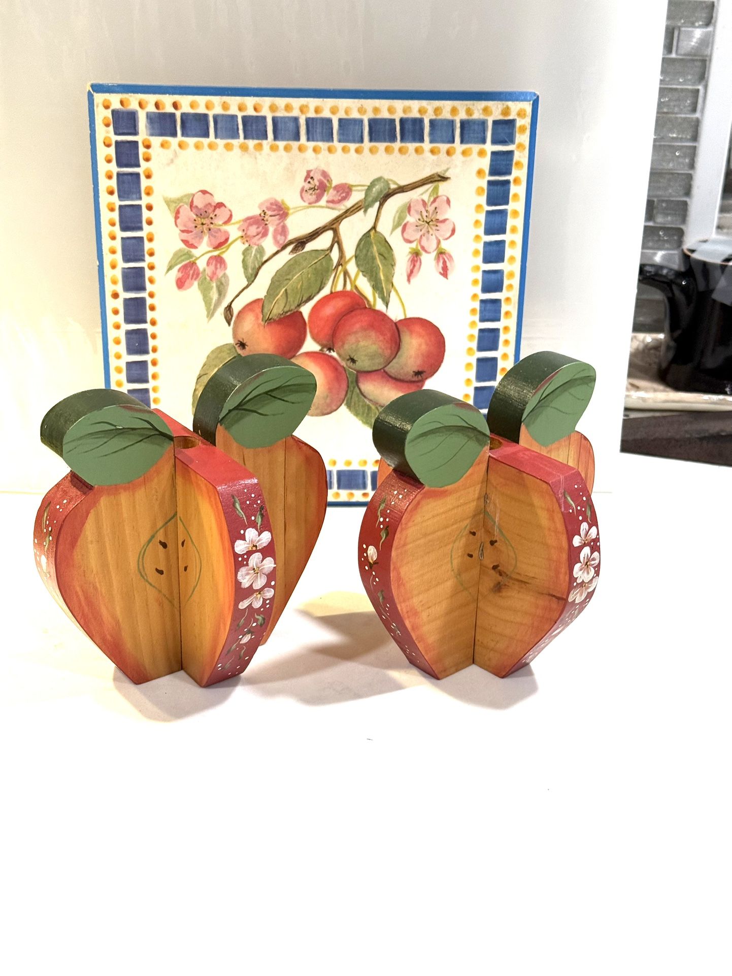 Vtg Apple Decor Lot ! 2 Folk Art Handpainted Apple Candle Holders & A French Fruit Apple Wall Art