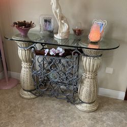 Double Pedestal Glass Top Consola Table With Built - In Wine Rack 