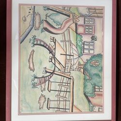 Vintage Folk Art Playground Illustration – Framed Whimsical Drawing
