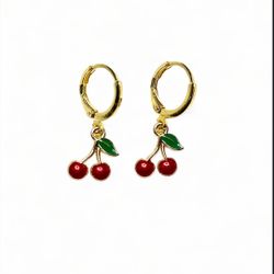 Cherry Huggies Earrings Hoops Gold Red Dainty Minimalist 25mm drop 