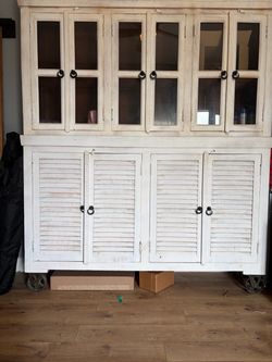 Large Distressed White Wood Hutch Cabinet