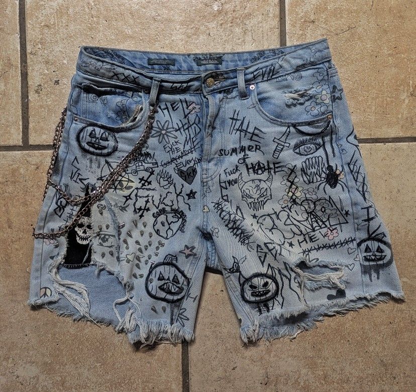Custom Hippie / Goth / Alternative/ Y2K Tattered Punk Shorts (Custom) 11 WOMENS 32 MENS