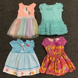 Bundle of 4 toddler girl 12 month dresses - Little Lass colorful sequined and shimmery unicorn, ruffled green, Youngland blue and white floral, Oshkos