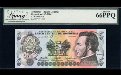 2006 5 Lempiras Banco Central de Honduras Note Legacy Gem New 66 PPQ