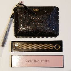 Victoria's Secret Laser Out Wristlet & Gold Tone Braclet Set