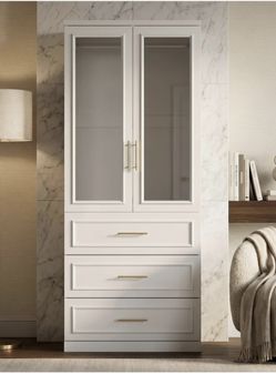 White Wardrobe Armoire with Glass Doors and 3 Drawers