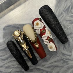 Extra long coffin press on nails acrylic flowers and rhinestones and chrome