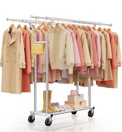 Heavy Duty Rolling Garment Rack, Double Rod Clothing Organizer, Silver Supports up to 500 lbs, extendable double hanging rod, lockable wheels, storage