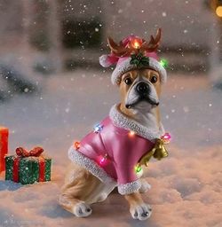 Bulldog Resin Statue in Pink Santa Outfit & LED Lights  Outdoor Christmas Decor