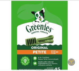 Greenies Veterinarian-Recommended
Adult Natural Dental Dog Treats Petite
Size, Dog Dental Chews, Original Flavor
27 oz. Pack, 45 Count
