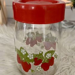 Vintage Carlton Glass Canister Strawberry Floral Design Red Twist-On Lid