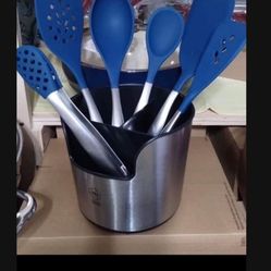 Set De Cucharas Azules De Silicon Con vase