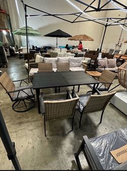 New Set of 7 Outdoor Patio Dining Table Set with 2 Swivel Chair and 4 Armchair