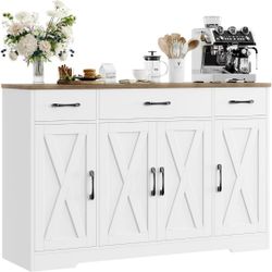 Buffet locker with Drawers, 55" Large Sideboard Buffet Storage locker with Shelves & 4 Doors, Farmhouse Coffee Bar locker Wood Buffet Table,for Dining