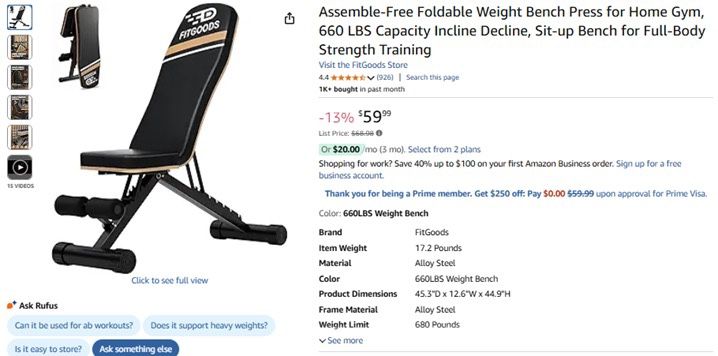 Assemble-Free Foldable Weight Bench Press for Home Gym - $30