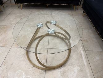 Modern Geometric Gold Base & Glass Round Coffee Table (Brand New)